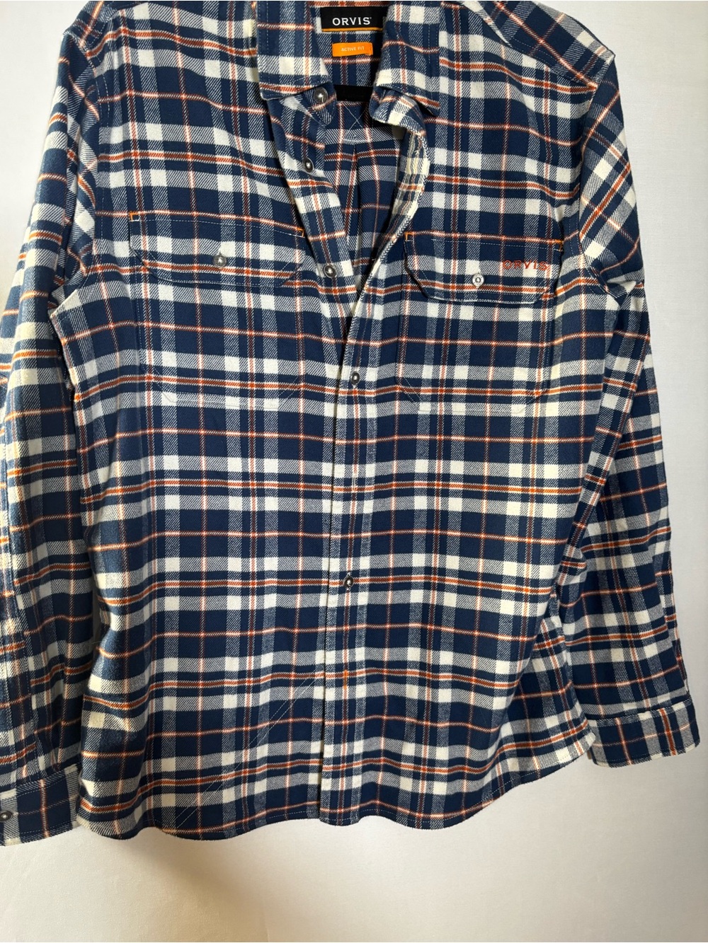 Orvis Navy, Cream & Orange Plaid Button-Down Flannel Shirt size medium NWOT